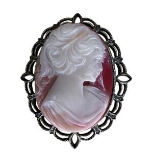 Unbranded Cameo Brooch Pink Red Antiqued Bronze Filigree Victorian Style Pin